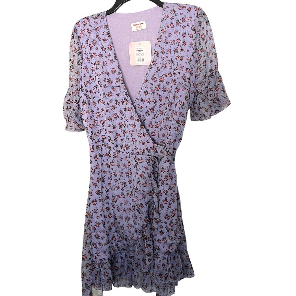 Showpo Wrap Dress Purple Floral Print V-Neck Short Sleeve Tie Waist Size 8
